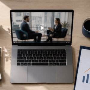 ノートPCで動画マーケティング戦略を確認するビジネスシーン